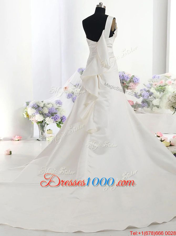 Low Price White Zipper One Shoulder Ruffles Bridal Gown Satin Sleeveless Chapel Train