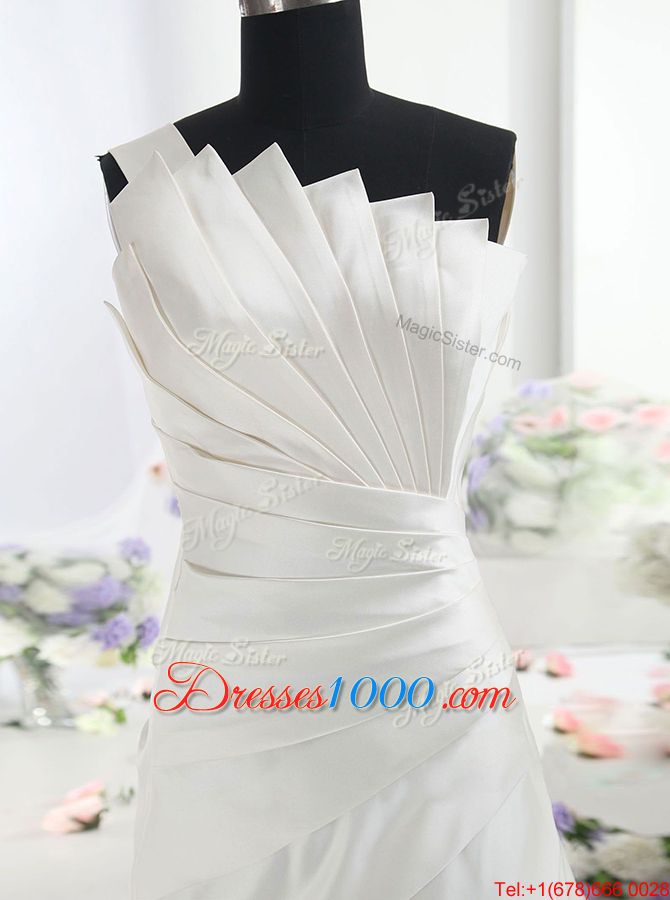 Low Price White Zipper One Shoulder Ruffles Bridal Gown Satin Sleeveless Chapel Train