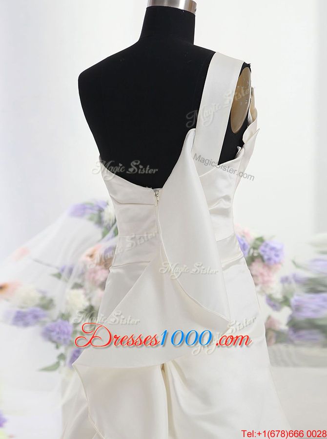 Low Price White Zipper One Shoulder Ruffles Bridal Gown Satin Sleeveless Chapel Train