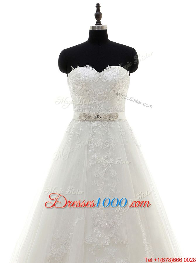 Lace White Zipper Bridal Gown Sashes|ribbons Sleeveless With Brush Train
