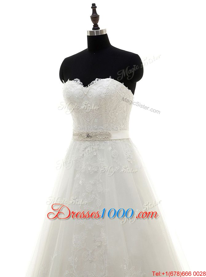 Lace White Zipper Bridal Gown Sashes|ribbons Sleeveless With Brush Train