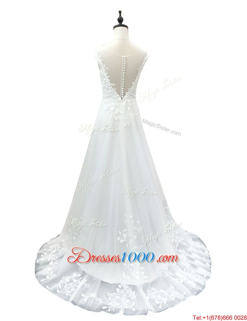 White Sleeveless With Train Beading and Ruffles Lace Up Wedding Gown