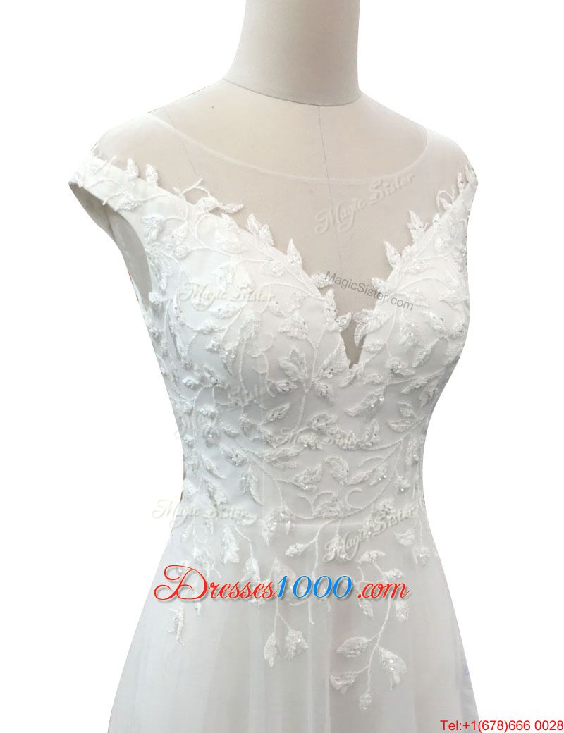 White Sleeveless With Train Beading and Ruffles Lace Up Wedding Gown