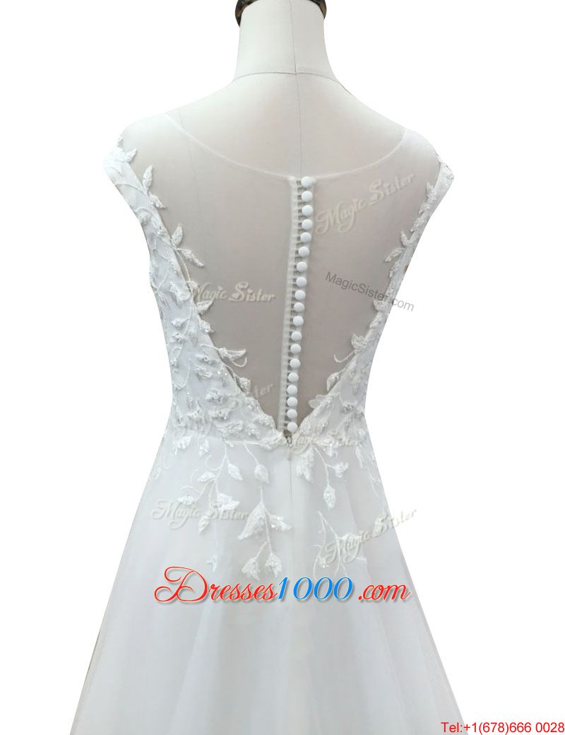 White Sleeveless With Train Beading and Ruffles Lace Up Wedding Gown
