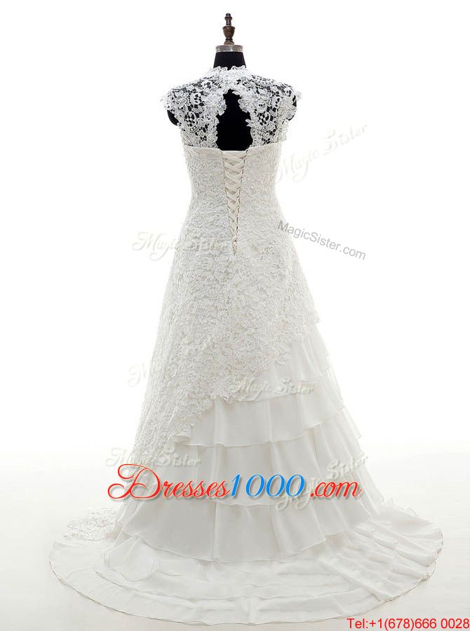 Cap Sleeves With Train Lace and Ruffled Layers Lace Up Wedding Gowns with White Brush Train