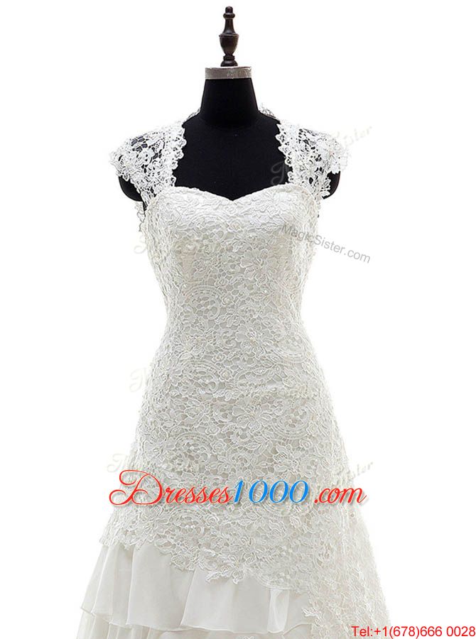 Cap Sleeves With Train Lace and Ruffled Layers Lace Up Wedding Gowns with White Brush Train