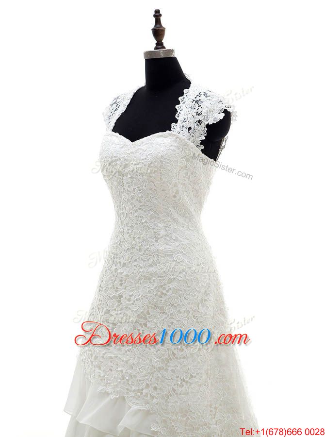 Cap Sleeves With Train Lace and Ruffled Layers Lace Up Wedding Gowns with White Brush Train