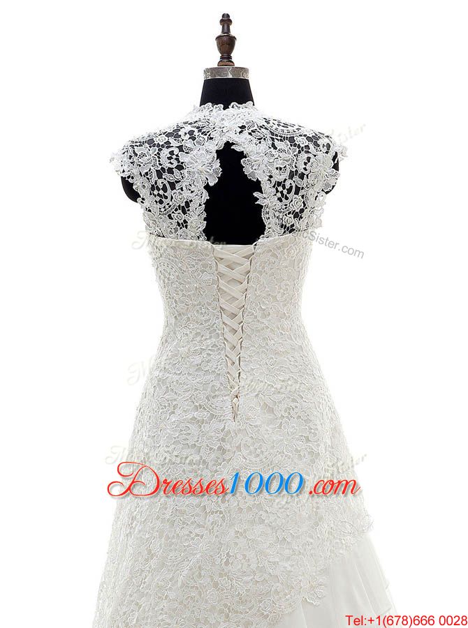 Cap Sleeves With Train Lace and Ruffled Layers Lace Up Wedding Gowns with White Brush Train