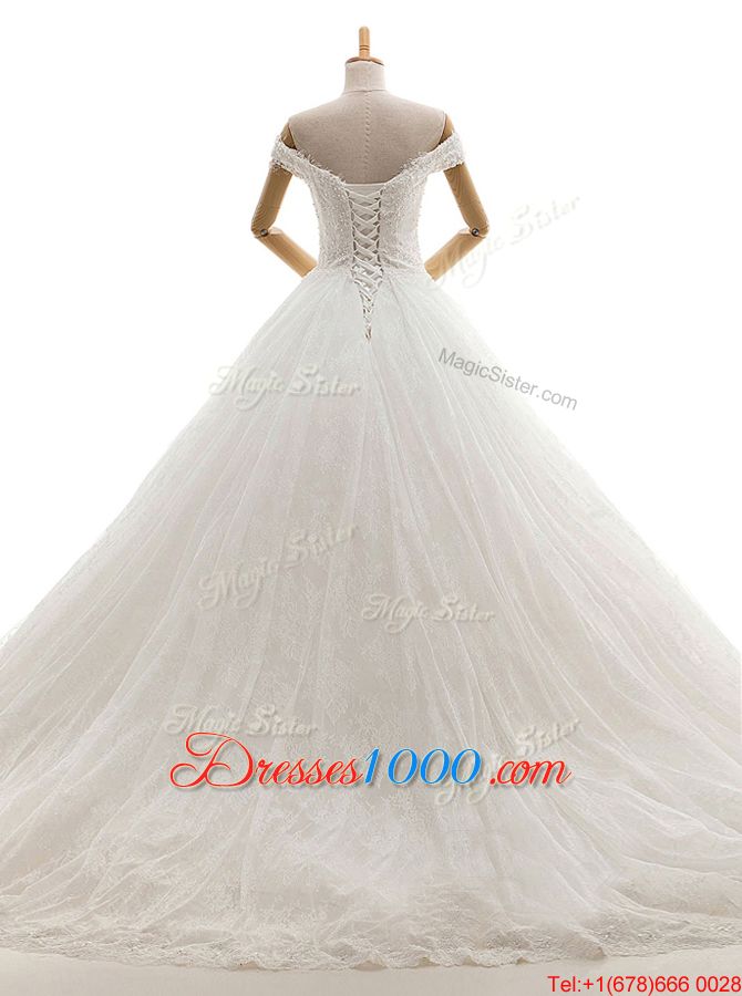Most Popular Off the Shoulder White Tulle Lace Up Wedding Gown Sleeveless With Train Court Train Lace and Appliques