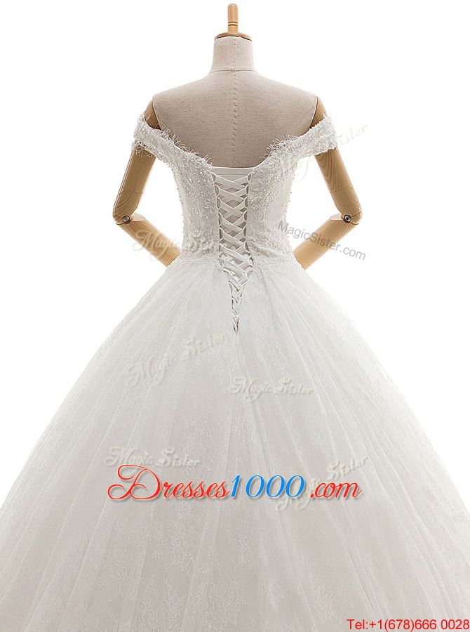 Most Popular Off the Shoulder White Tulle Lace Up Wedding Gown Sleeveless With Train Court Train Lace and Appliques
