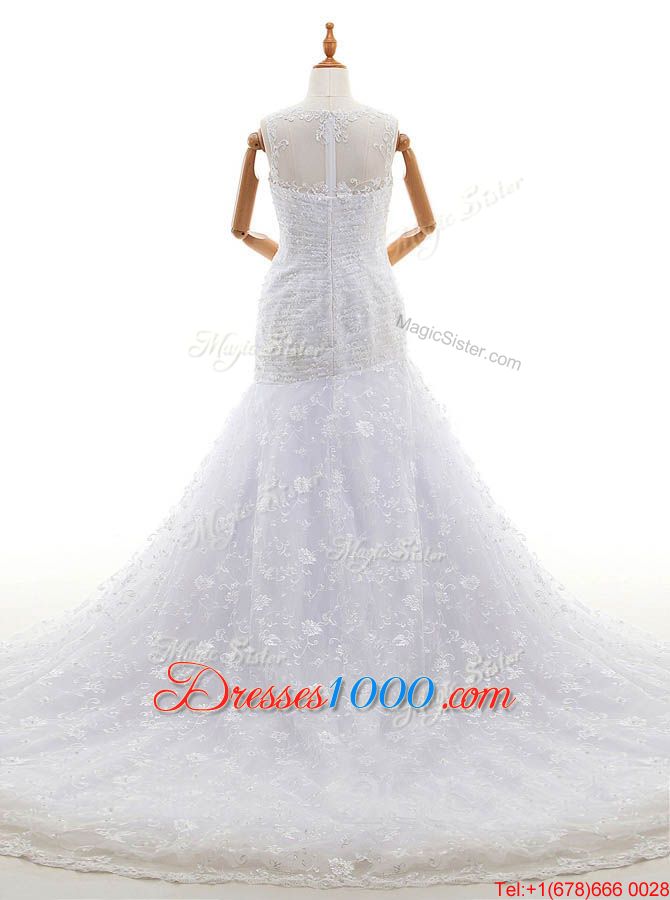 Custom Made Scoop White Zipper Wedding Dresses Lace and Ruching Sleeveless With Train Court Train