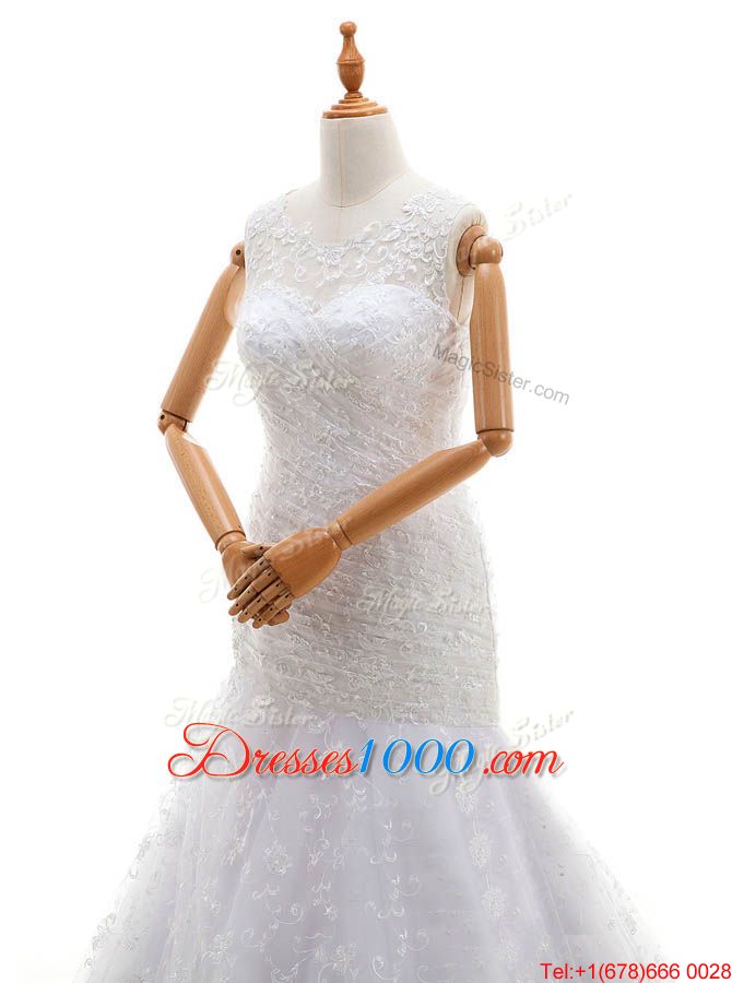 Custom Made Scoop White Zipper Wedding Dresses Lace and Ruching Sleeveless With Train Court Train