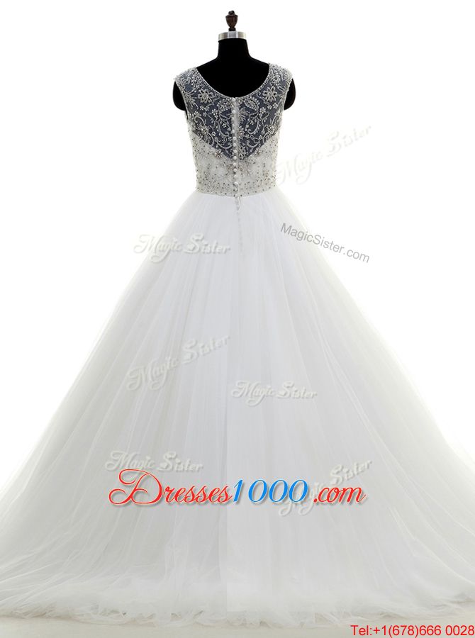 Scoop Sleeveless Brush Train Beading Clasp Handle Wedding Gowns