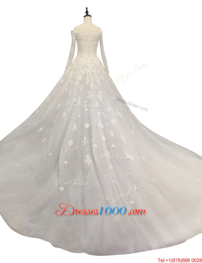 White A-line Tulle Off The Shoulder Long Sleeves Lace and Appliques With Train Zipper Bridal Gown Chapel Train