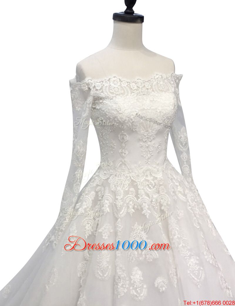 White A-line Tulle Off The Shoulder Long Sleeves Lace and Appliques With Train Zipper Bridal Gown Chapel Train