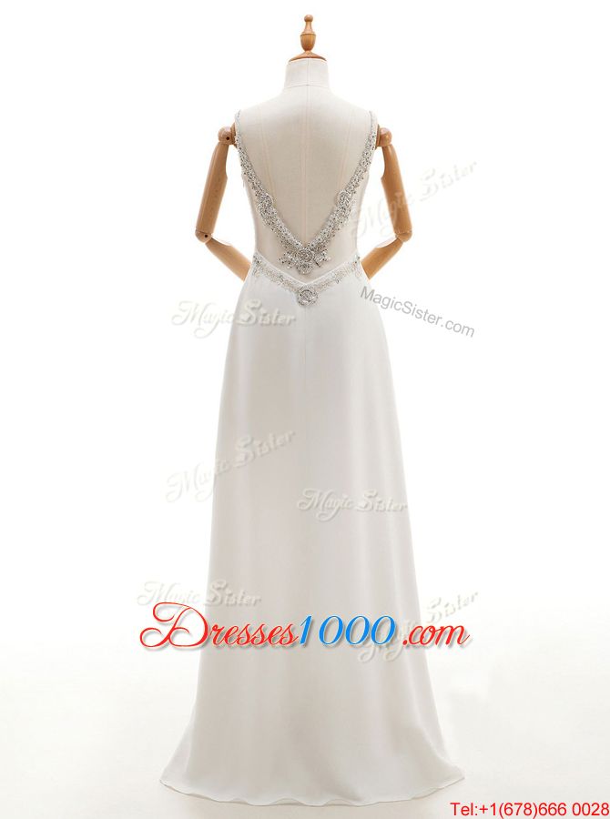 Sleeveless Chiffon Floor Length Backless Wedding Dress in White for with Beading