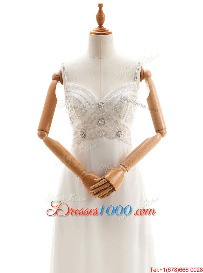 Sleeveless Chiffon Floor Length Backless Wedding Dress in White for with Beading