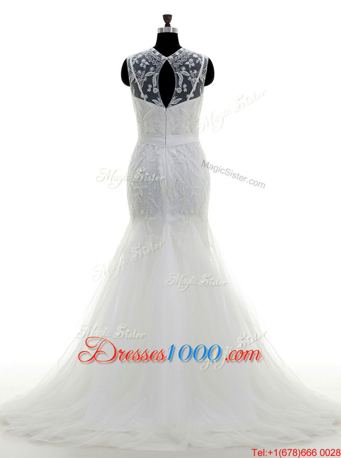 White A-line Lace and Appliques Wedding Dress Clasp Handle Tulle Sleeveless With Train