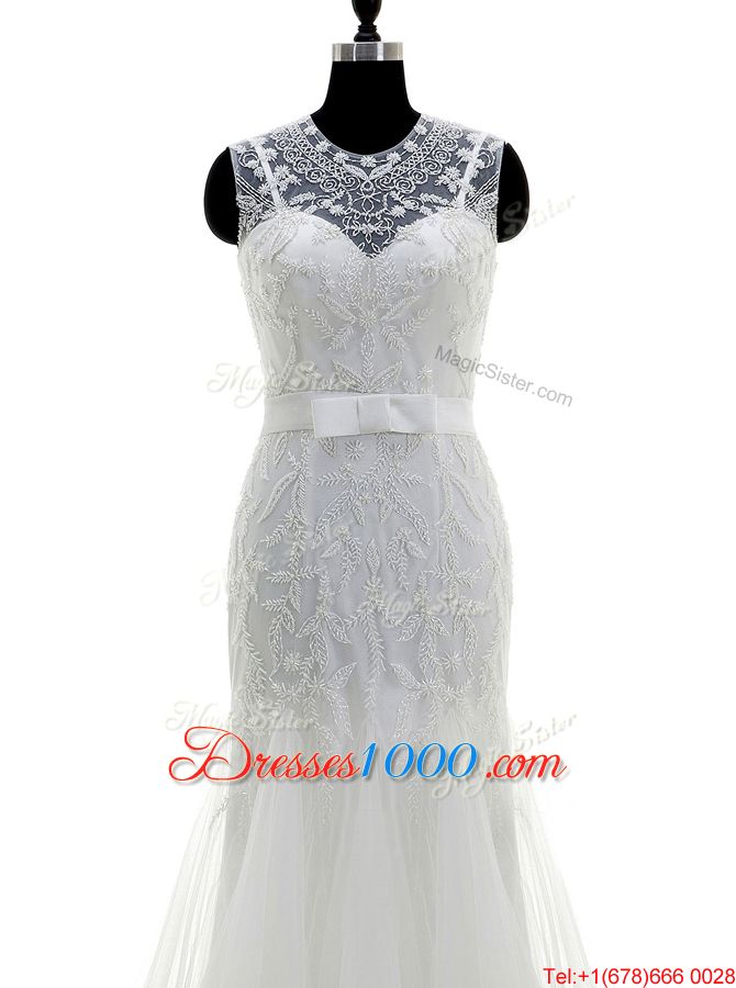 White A-line Lace and Appliques Wedding Dress Clasp Handle Tulle Sleeveless With Train