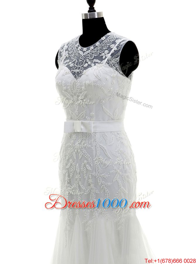 White A-line Lace and Appliques Wedding Dress Clasp Handle Tulle Sleeveless With Train