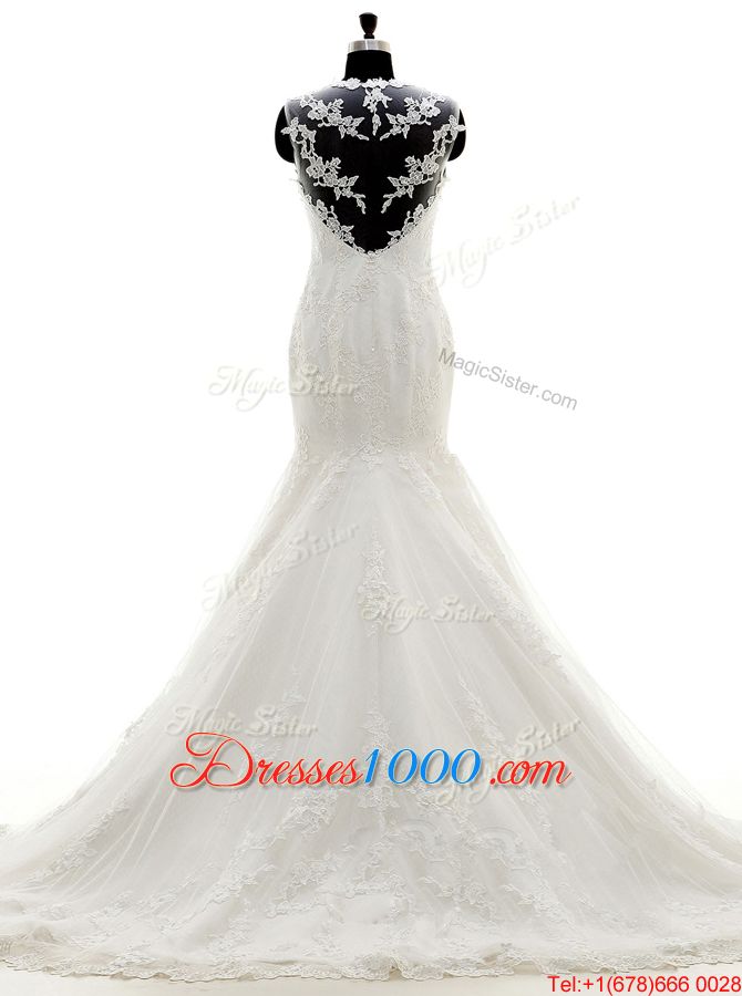 Mermaid Square Sleeveless Wedding Dresses With Brush Train Beading and Lace and Appliques White Tulle