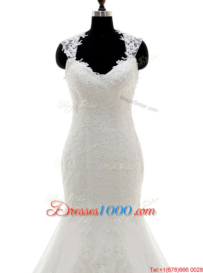 Mermaid Square Sleeveless Wedding Dresses With Brush Train Beading and Lace and Appliques White Tulle