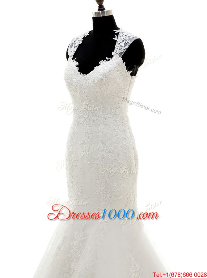 Mermaid Square Sleeveless Wedding Dresses With Brush Train Beading and Lace and Appliques White Tulle