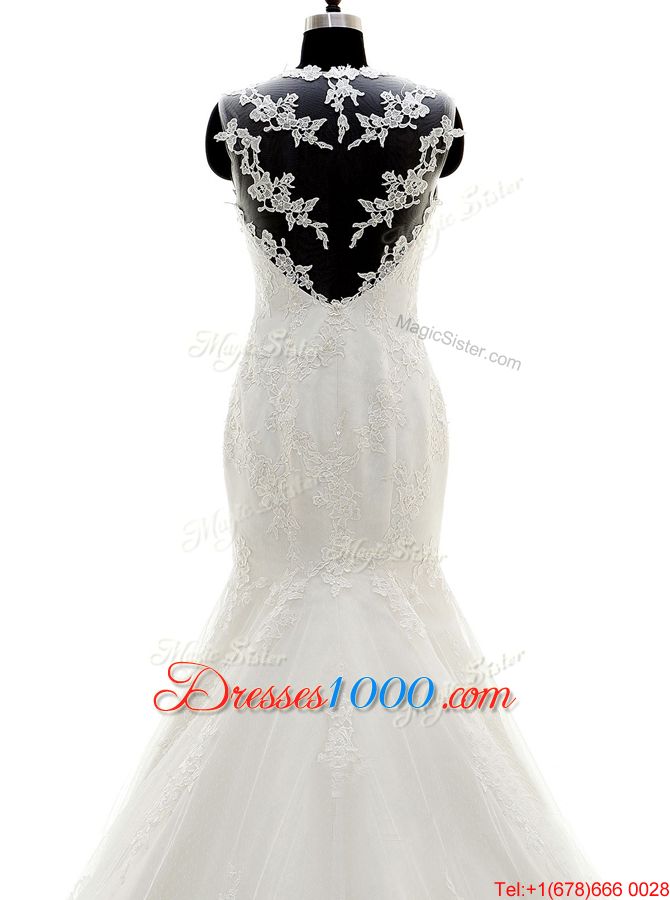 Mermaid Square Sleeveless Wedding Dresses With Brush Train Beading and Lace and Appliques White Tulle