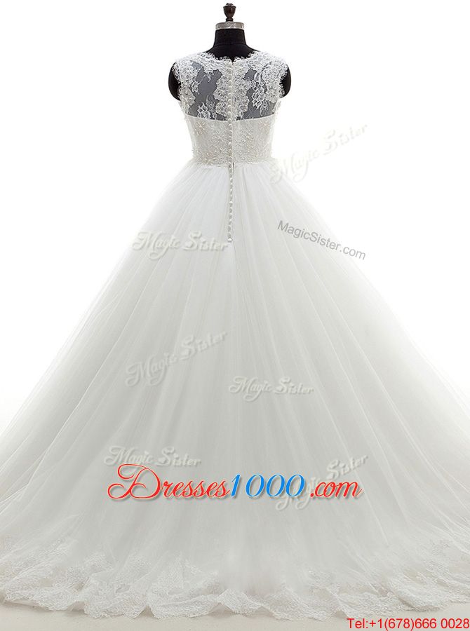 Most Popular Scalloped 3|4 Length Sleeve Chiffon Wedding Gown Lace Brush Train Zipper