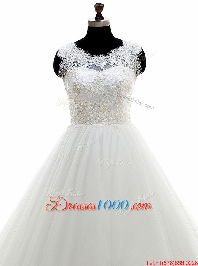 Most Popular Scalloped 3|4 Length Sleeve Chiffon Wedding Gown Lace Brush Train Zipper