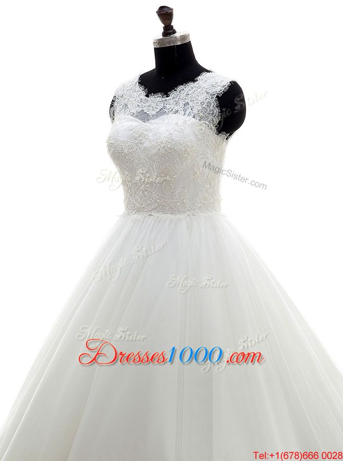 Most Popular Scalloped 3|4 Length Sleeve Chiffon Wedding Gown Lace Brush Train Zipper
