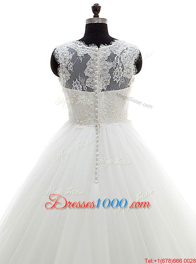 Most Popular Scalloped 3|4 Length Sleeve Chiffon Wedding Gown Lace Brush Train Zipper