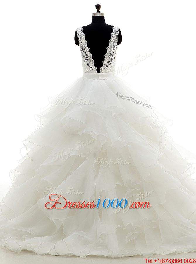 Extravagant White Ball Gowns Beading and Lace and Ruffles Wedding Gowns Backless Organza Sleeveless With Train