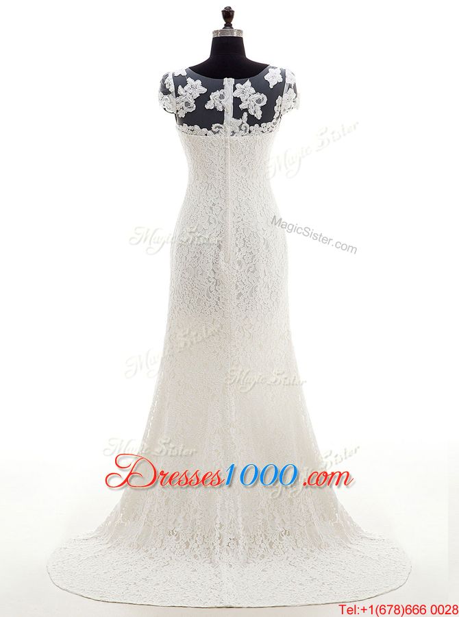 White Scoop Zipper Lace Wedding Dress Brush Train Cap Sleeves