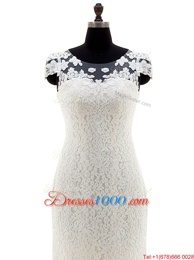 White Scoop Zipper Lace Wedding Dress Brush Train Cap Sleeves