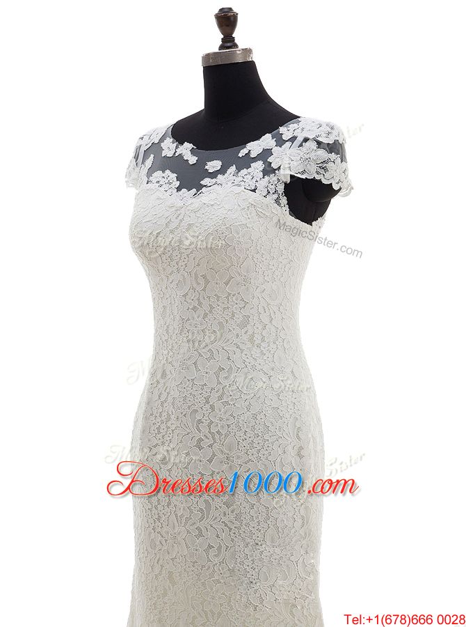 White Scoop Zipper Lace Wedding Dress Brush Train Cap Sleeves