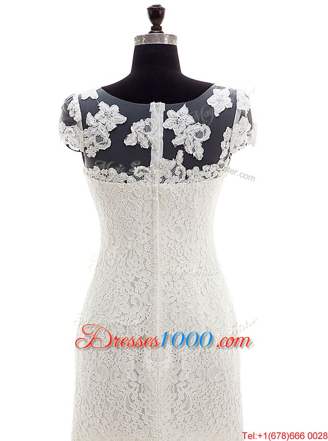White Scoop Zipper Lace Wedding Dress Brush Train Cap Sleeves