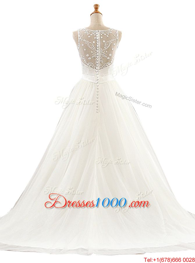 Shining V-neck Sleeveless Tulle Wedding Gowns Lace Brush Train Clasp Handle