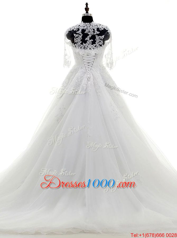 Strapless Sleeveless Tulle Wedding Dress Beading and Lace and Appliques Brush Train Lace Up