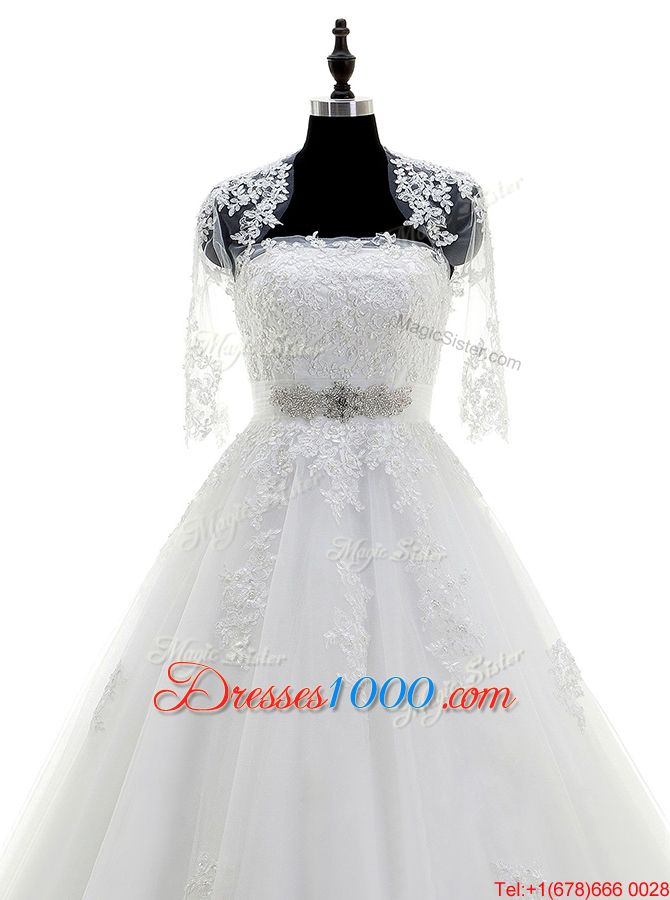 Strapless Sleeveless Tulle Wedding Dress Beading and Lace and Appliques Brush Train Lace Up