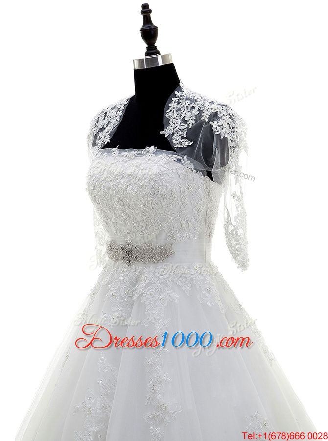 Strapless Sleeveless Tulle Wedding Dress Beading and Lace and Appliques Brush Train Lace Up