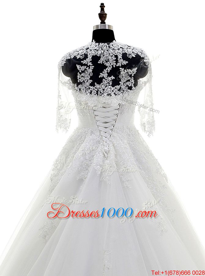 Strapless Sleeveless Tulle Wedding Dress Beading and Lace and Appliques Brush Train Lace Up