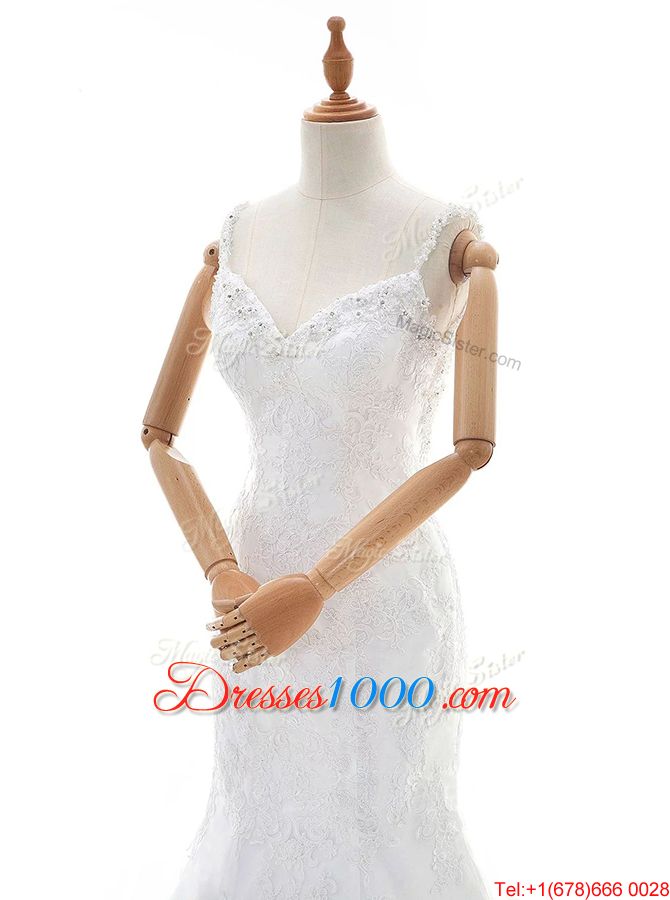 Fantastic Mermaid With Train White Wedding Dress Lace Court Train Sleeveless Beading and Lace