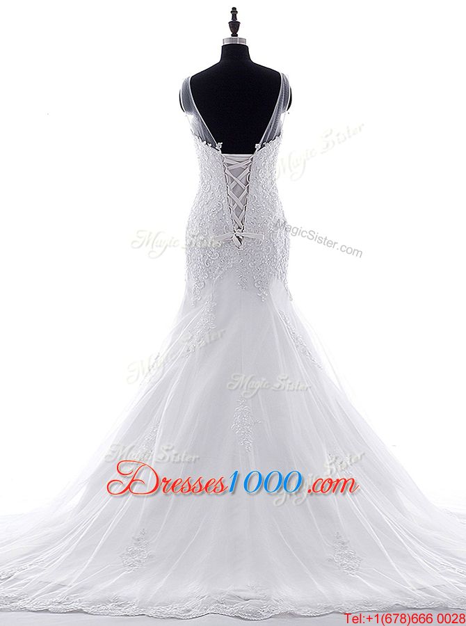 Hot Sale Mermaid Scoop White Sleeveless Tulle Brush Train Lace Up Wedding Gown for Wedding Party