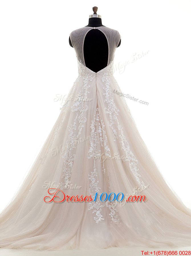 Scoop Cap Sleeves Brush Train Lace and Appliques Zipper Wedding Dress