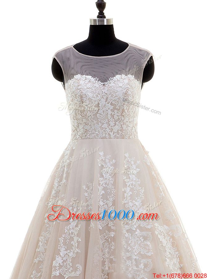 Scoop Cap Sleeves Brush Train Lace and Appliques Zipper Wedding Dress