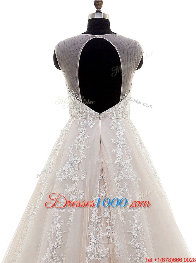 Scoop Cap Sleeves Brush Train Lace and Appliques Zipper Wedding Dress