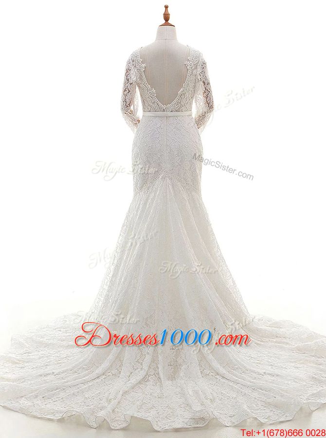 Mermaid Scalloped White Zipper Wedding Gowns Lace Long Sleeves With Brush Train