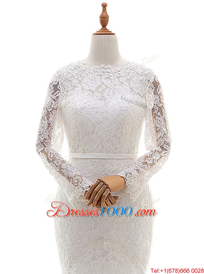 Mermaid Scalloped White Zipper Wedding Gowns Lace Long Sleeves With Brush Train