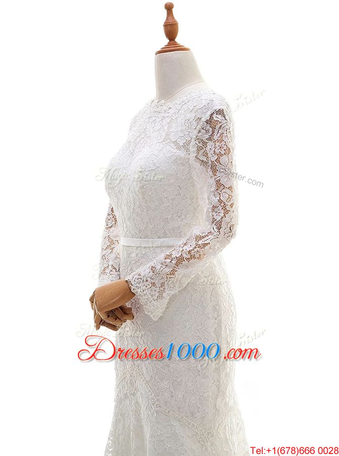Mermaid Scalloped White Zipper Wedding Gowns Lace Long Sleeves With Brush Train